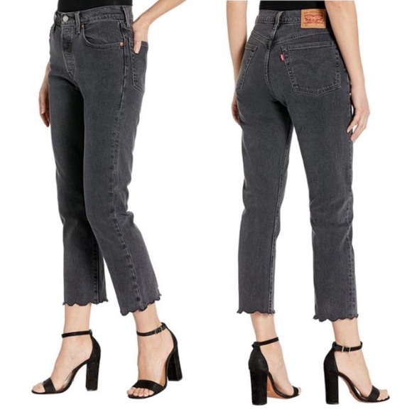 NWT LEVI’S 501 Original Cropped Jeans 24x26 Black Scalloped Hem - Picture 1 of 13